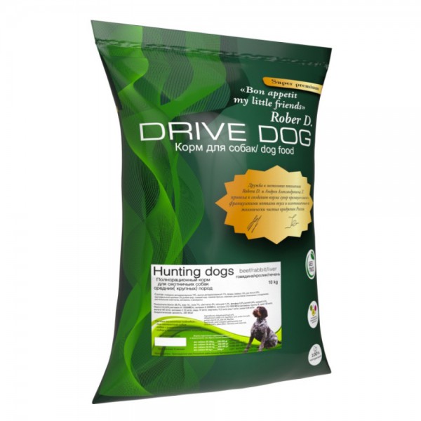 Супер-премиум корм Drive Dog для охотничьих собак средних и крупных пород с говядиной, кроликом и печенью