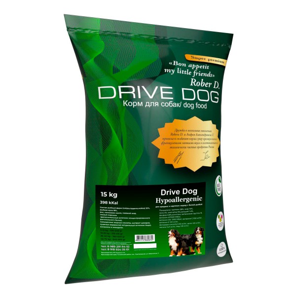 Супер-премиум корм Drive Dog  для крупных и средних собак гипоаллергенный с белой рыбой